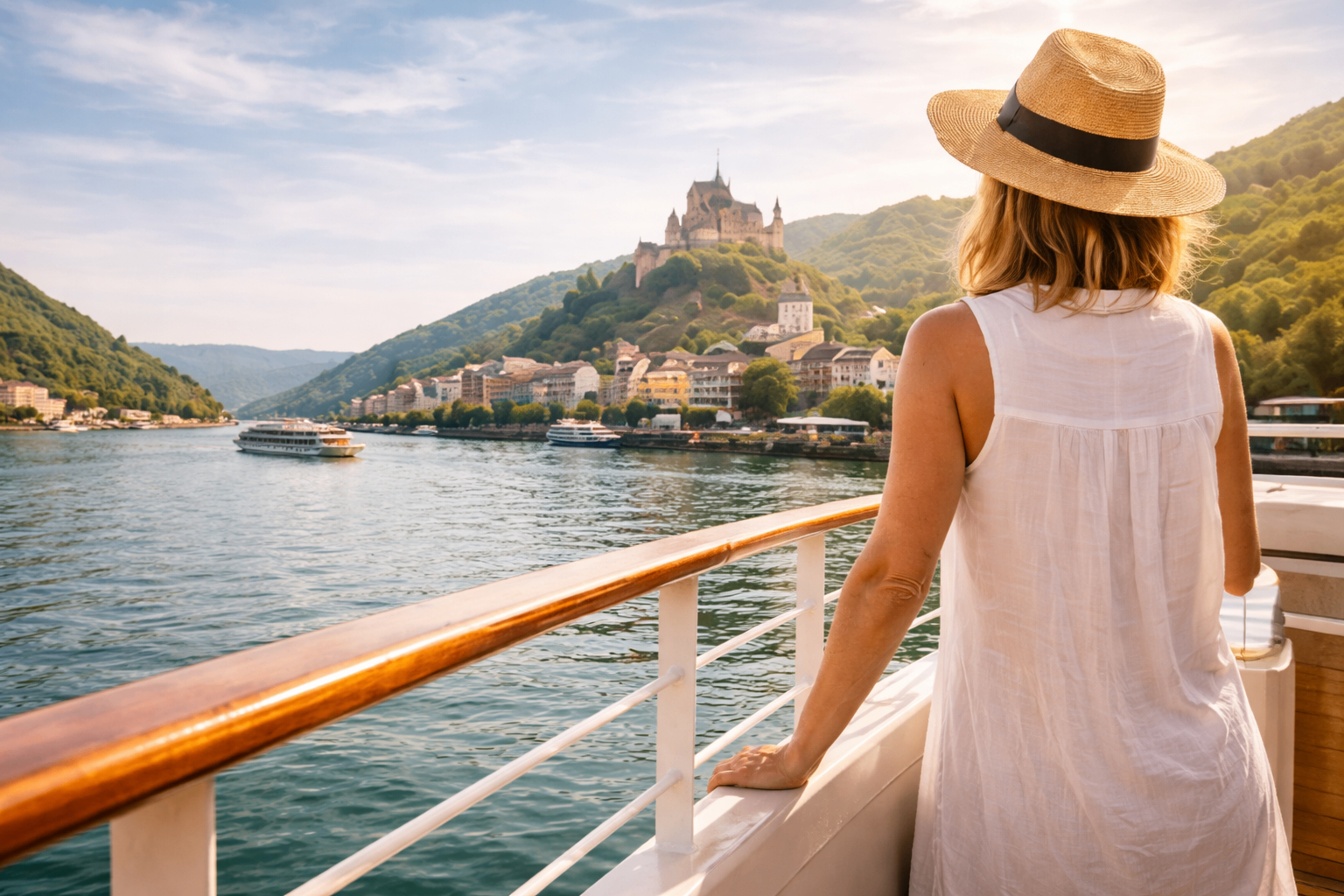 A woman relaxing on the sun deck of a river cruise ship