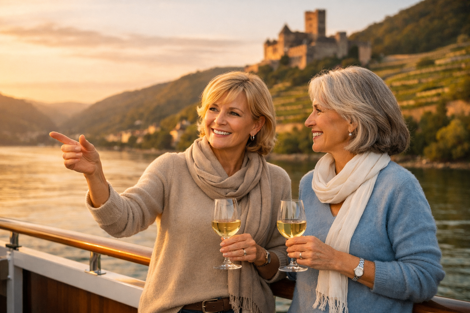 Friends enjoying wine on a river cruise with a castle backdrop